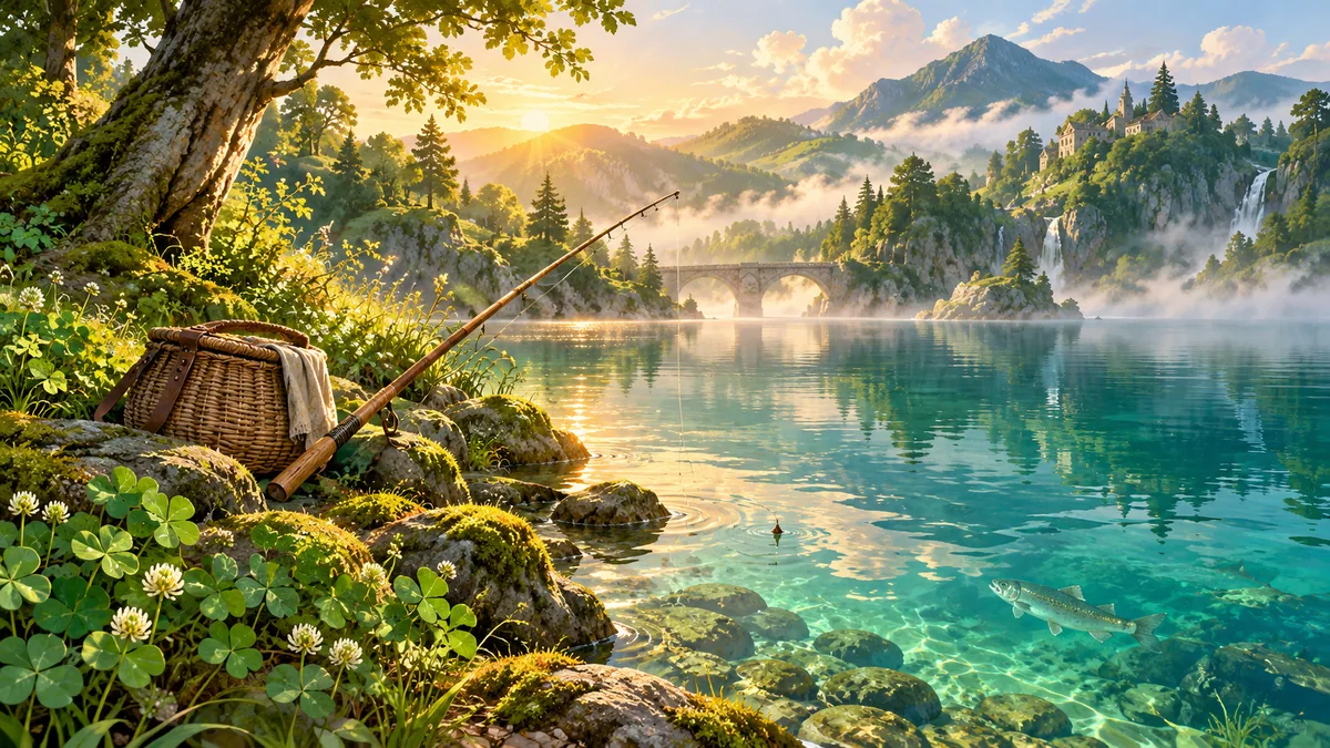 Fantasy illustration of fishing beside a Clover Time river