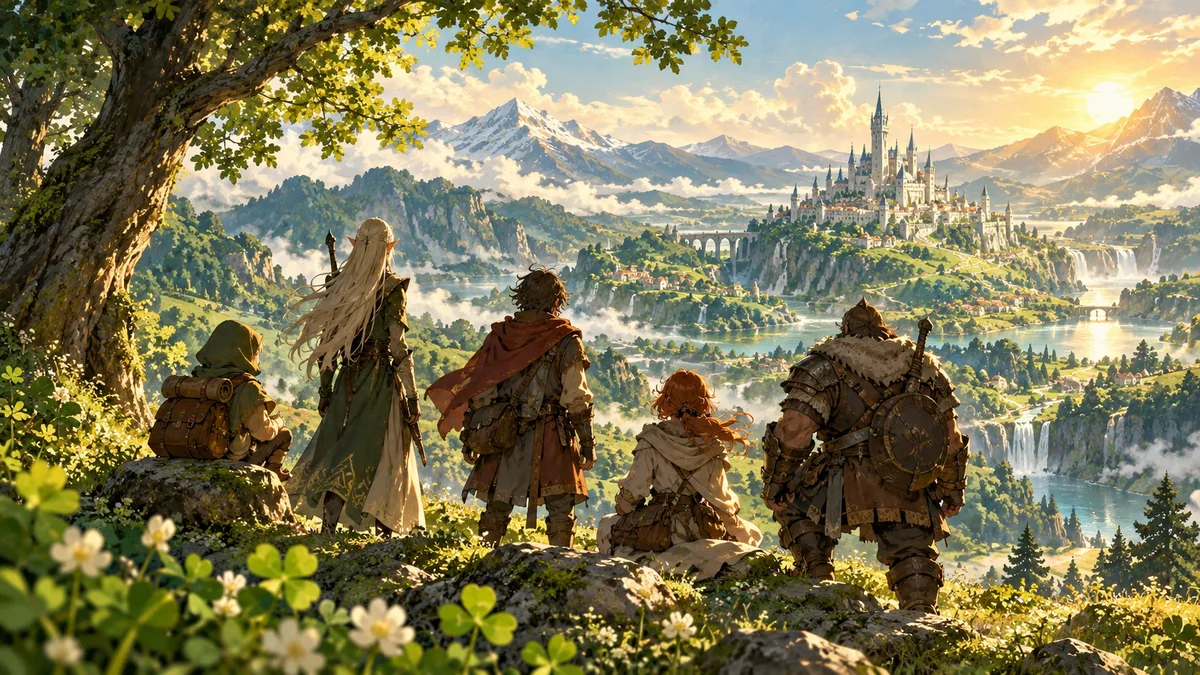 Fantasy illustration of the five Clover Time race archetypes